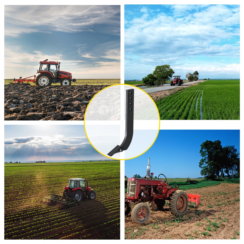 Set of five 18-inch box blade scarifier shanks with four-hole mounts and teeth, shown in farming scenes.