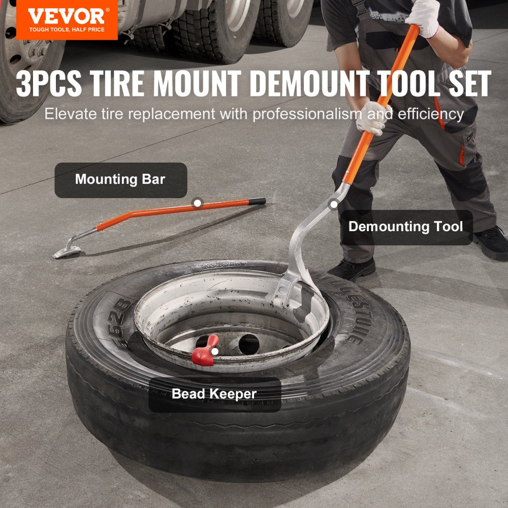 Tire Mount Demount Tool, 22.5"-24.5" Manual Steel Tire Changer Mount Demount Removal Tool, with Extra Bead Keeper, Tubeless Truck Bead Breaker, 3 PCS Tire Changing Tools, Orange