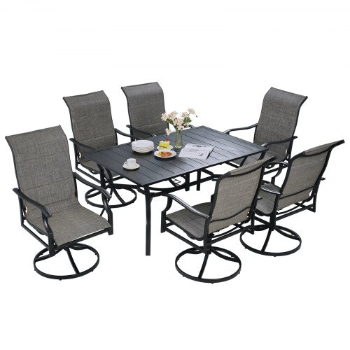 7 Pieces Patio Dining Set, Outdoor Furniture Table and Swivel Chairs Set, All Weather Garden Furniture Table Sets, Iron Patio Conversation Set with Umbrella Hole, For Lawn, Deck, Backyard, Black