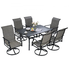 7 Pieces Patio Dining Set, Outdoor Furniture Table and Swivel Chairs Set, All Weather Garden Furniture Table Sets, Iron Patio Conversation Set with Umbrella Hole, For Lawn, Deck, Backyard, Black