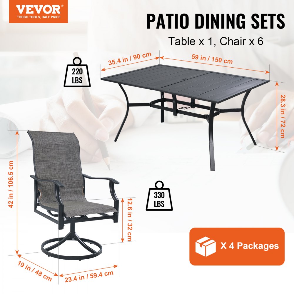 7 Pieces Patio Dining Set, Outdoor Furniture Table and Swivel Chairs Set, All Weather Garden Furniture Table Sets, Iron Patio Conversation Set with Umbrella Hole, For Lawn, Deck, Backyard, Black