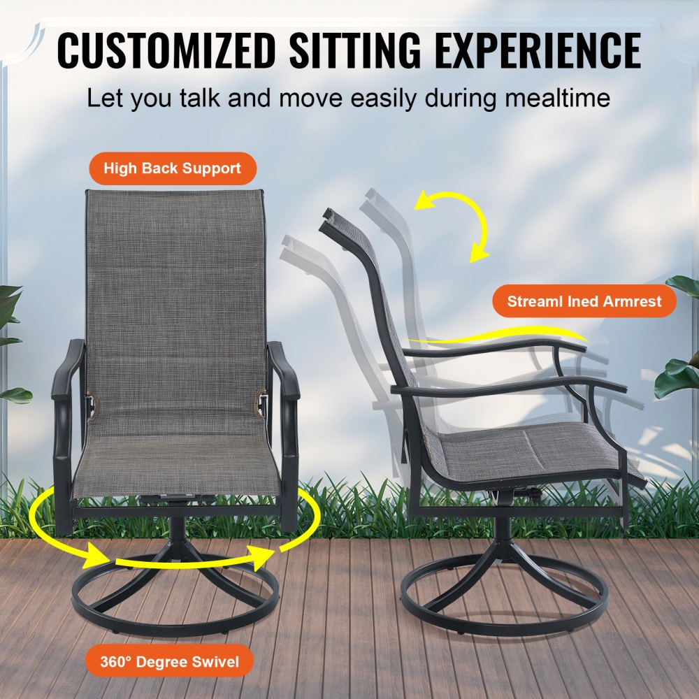 7 Pieces Patio Dining Set, Outdoor Furniture Table and Swivel Chairs Set, All Weather Garden Furniture Table Sets, Iron Patio Conversation Set with Umbrella Hole, For Lawn, Deck, Backyard, Black