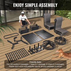 7 Pieces Patio Dining Set, Outdoor Furniture Table and Swivel Chairs Set, All Weather Garden Furniture Table Sets, Iron Patio Conversation Set with Umbrella Hole, For Lawn, Deck, Backyard, Black