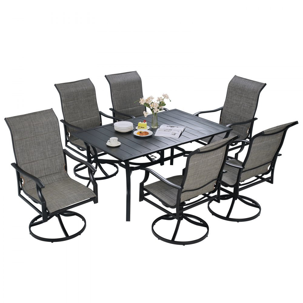 7 Pieces Patio Dining Set, Outdoor Furniture Table and Swivel Chairs Set, All Weather Garden Furniture Table Sets, Iron Patio Conversation Set with Umbrella Hole, For Lawn, Deck, Backyard, Black