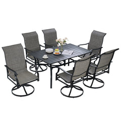 7 Pieces Patio Dining Set, Outdoor Furniture Table and Swivel Chairs Set, All Weather Garden Furniture Table Sets, Iron Patio Conversation Set with Umbrella Hole, For Lawn, Deck, Backyard, Black