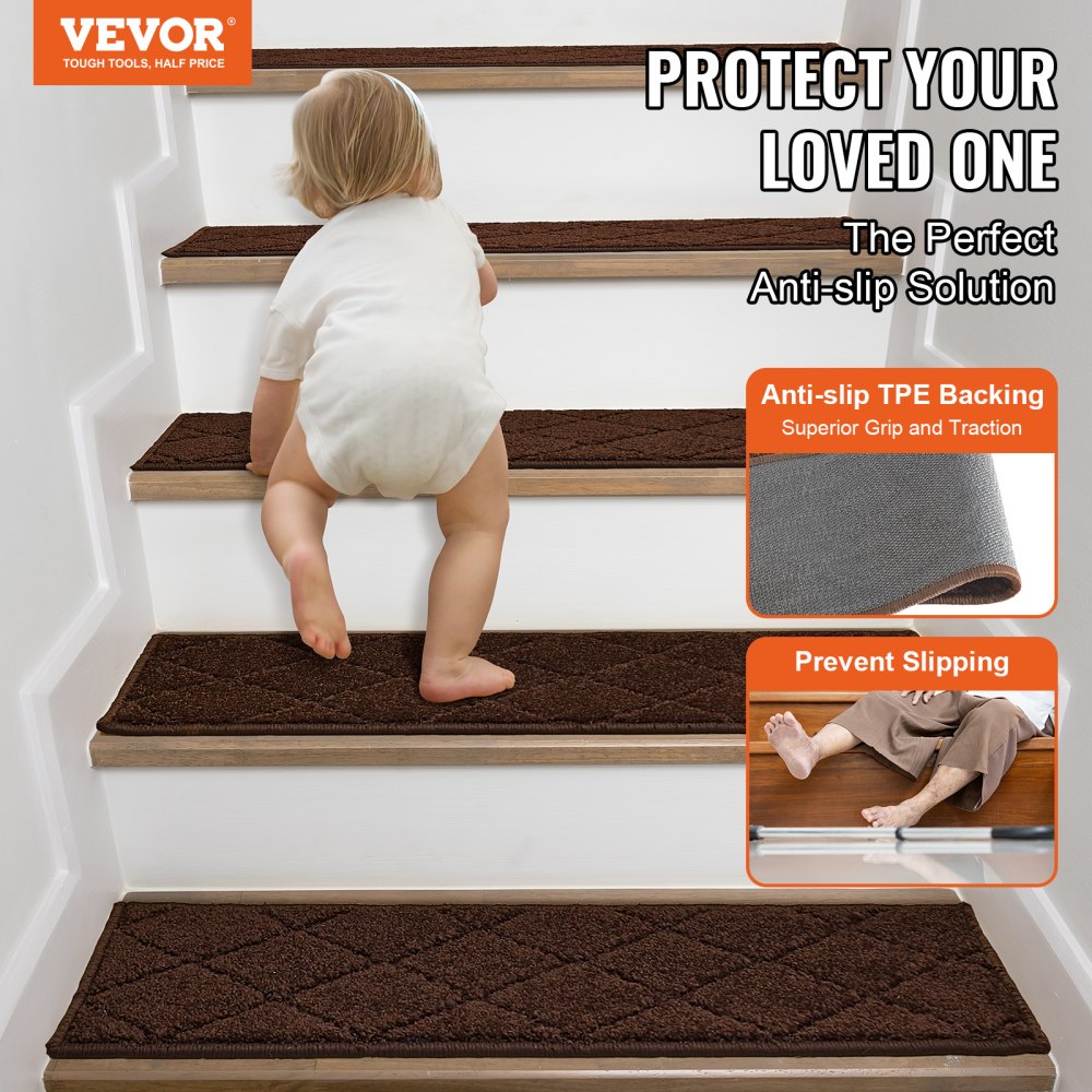 Brown non-slip stair treads, 9x28 inches, in a 15-pack, with TPE backing for secure grip.