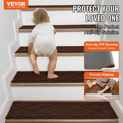 Brown non-slip stair treads, 9x28 inches, in a 15-pack, with TPE backing for secure grip.