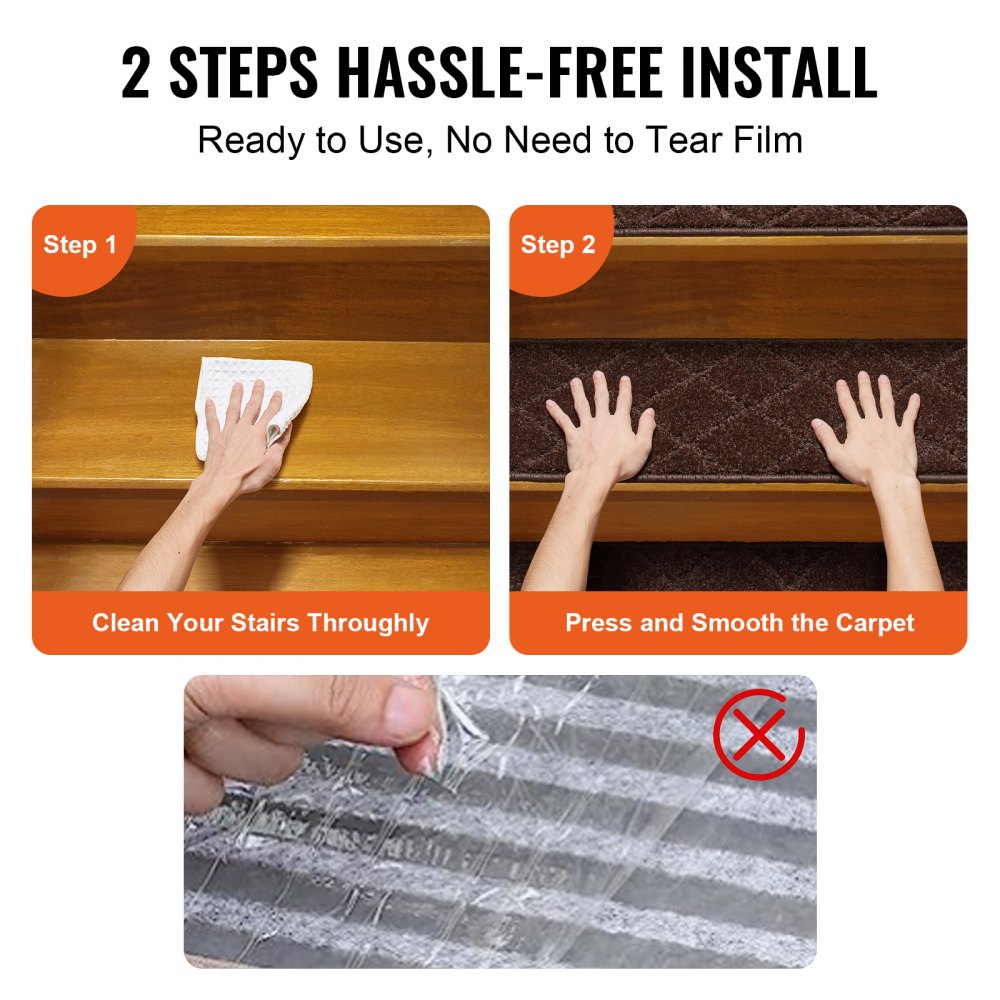 Diagram showing 2-step installation of brown non-slip stair treads: clean stairs with cloth, then press and smooth carpet onto step.
