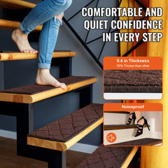 Brown non-slip stair treads installed on wooden steps, showing 0.4-inch thickness and noiseproof features.