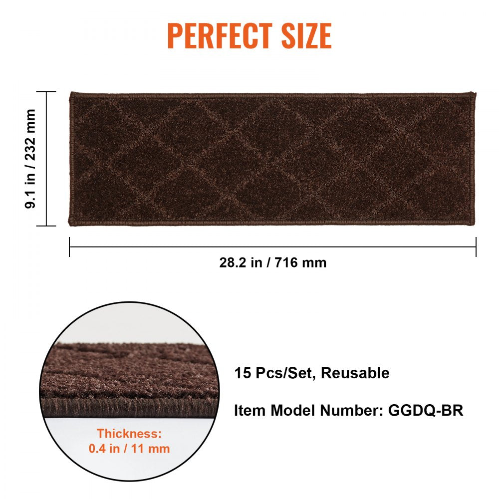 Brown non-slip stair treads, 9x28 inches, 15-pack, with 0.4-inch thickness.