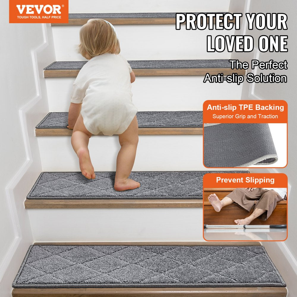 Gray non-slip stair treads, 9x28 inches, shown on wooden stairs with a child climbing safely.