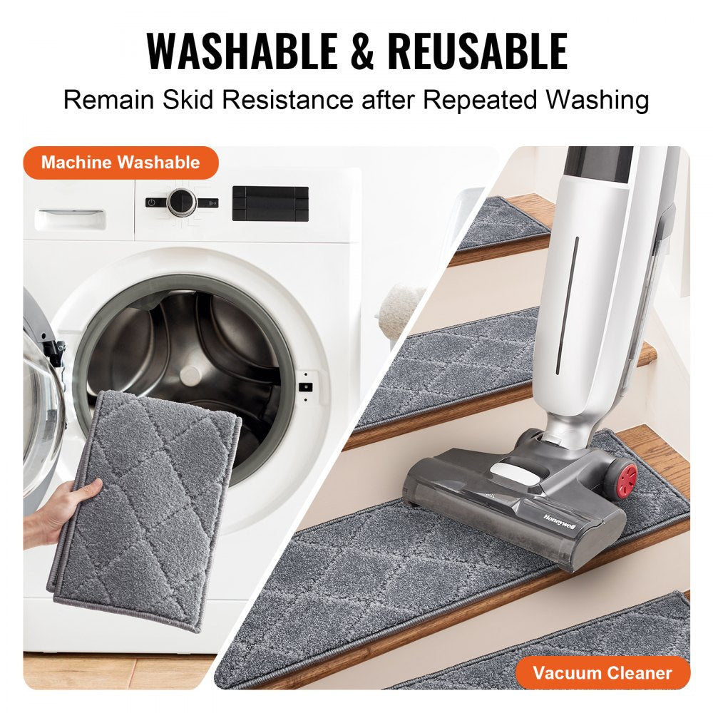 Gray non-slip stair treads in washing machine and on wooden steps being vacuumed.