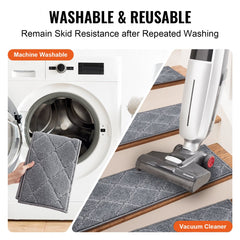 Gray non-slip stair treads in washing machine and on wooden steps being vacuumed.
