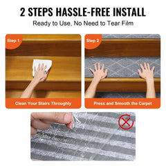 Gray non-slip stair treads in 2-step installation: clean stairs then press and smooth carpet.