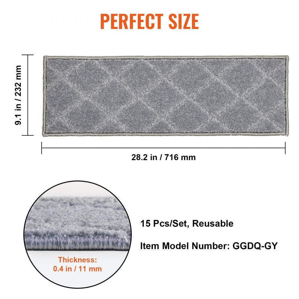 Gray non-slip stair treads, 9x28 inches, 15-pack, with dimensions and thickness shown.