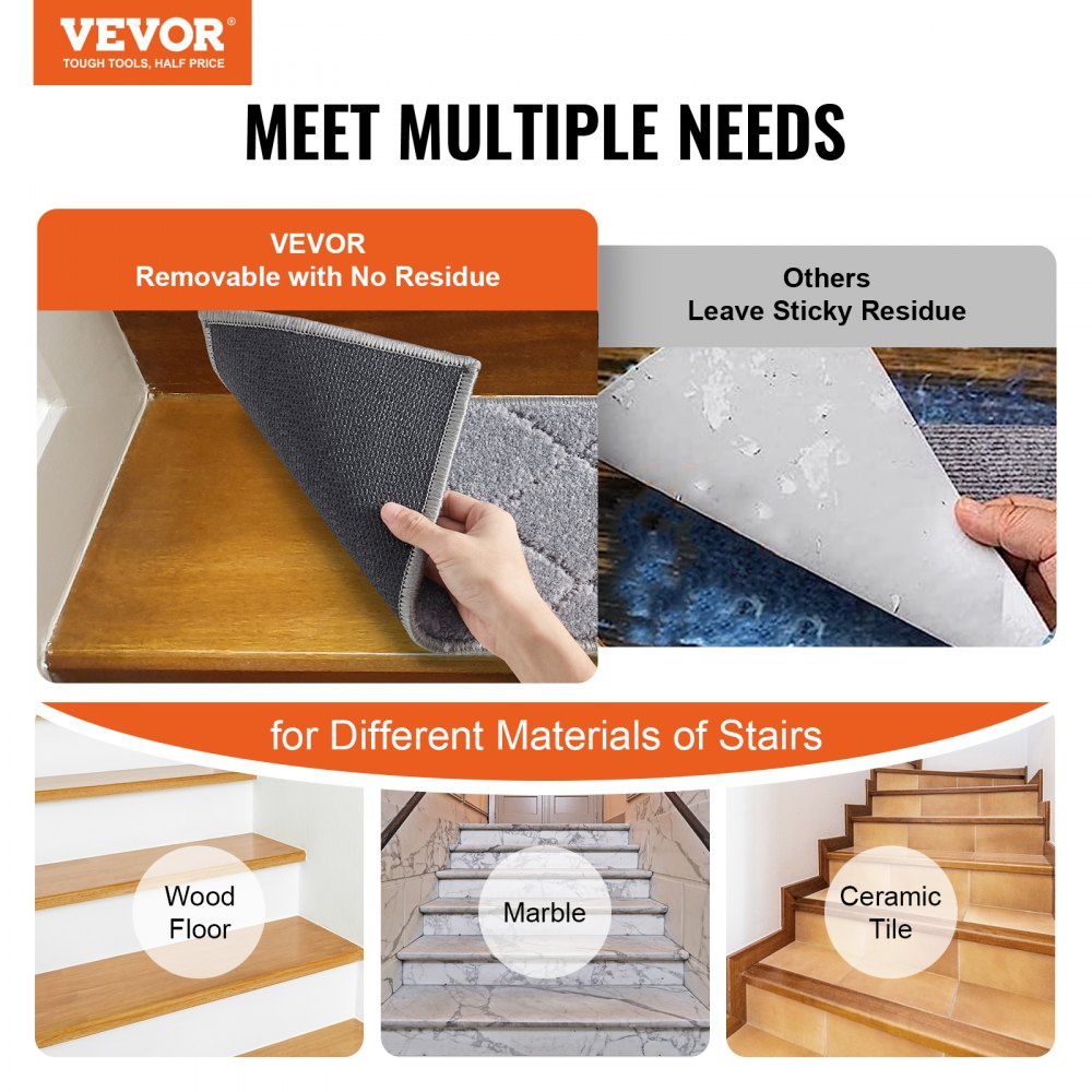 Gray non-slip stair treads, 9x28 inches, shown on wood, marble, and ceramic stairs with no-residue removal.