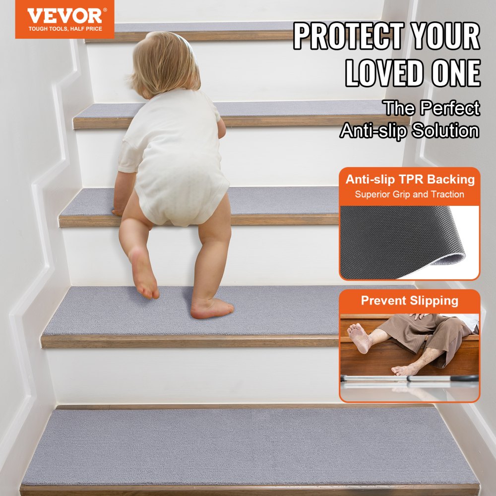 Gray non-slip carpet stair treads in a 15-piece set, measuring 8"x30" each.