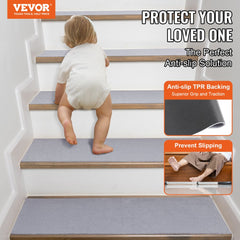 Gray non-slip carpet stair treads in a 15-piece set, measuring 8"x30" each.