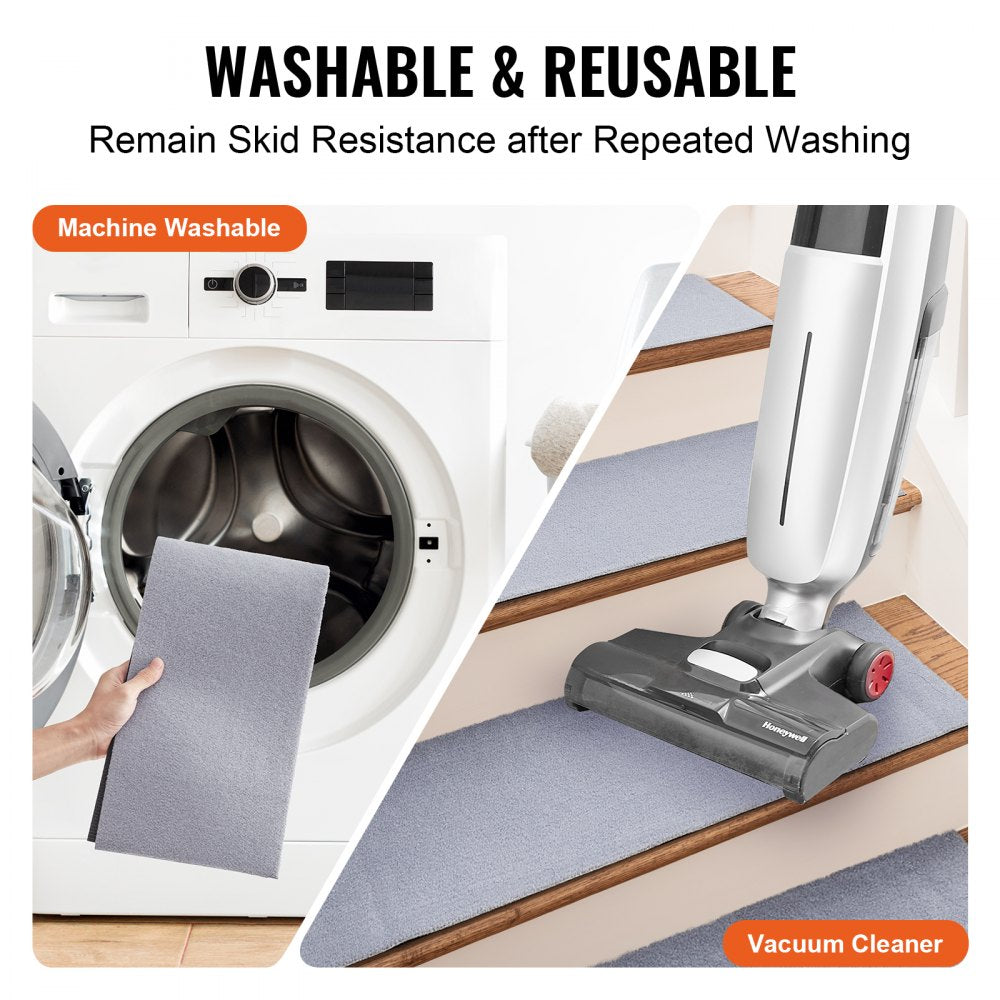 Gray non-slip stair treads in a 15-piece set, measuring 8"x30", ideal for indoor use.