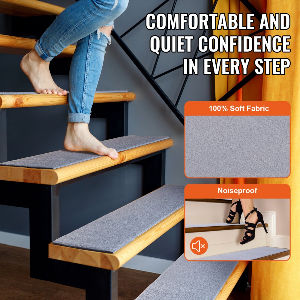 Gray non-slip stair treads in a 15-piece set, measuring 8"x30", for indoor use.