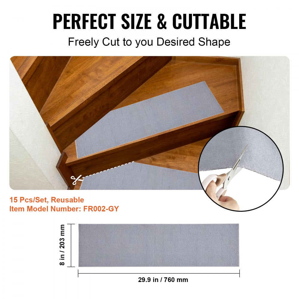 Gray non-slip carpet stair treads, 8"x30", with a textured surface for safety and comfort.