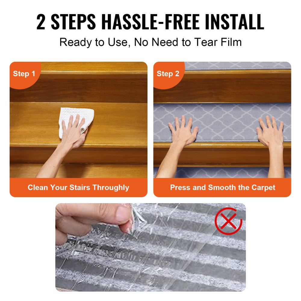Light gray non-slip stair treads, 9"x28", with plush texture for safety on wooden steps.