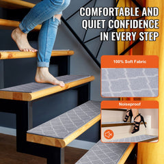 Light gray non-slip stair treads, 9"x28", designed for wooden steps, set of 15 pieces.