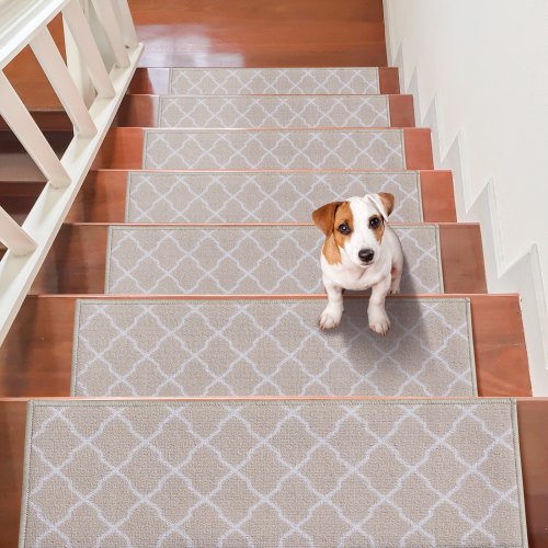 Light brown non-slip carpet stair treads measuring 28"x9" for wooden steps.