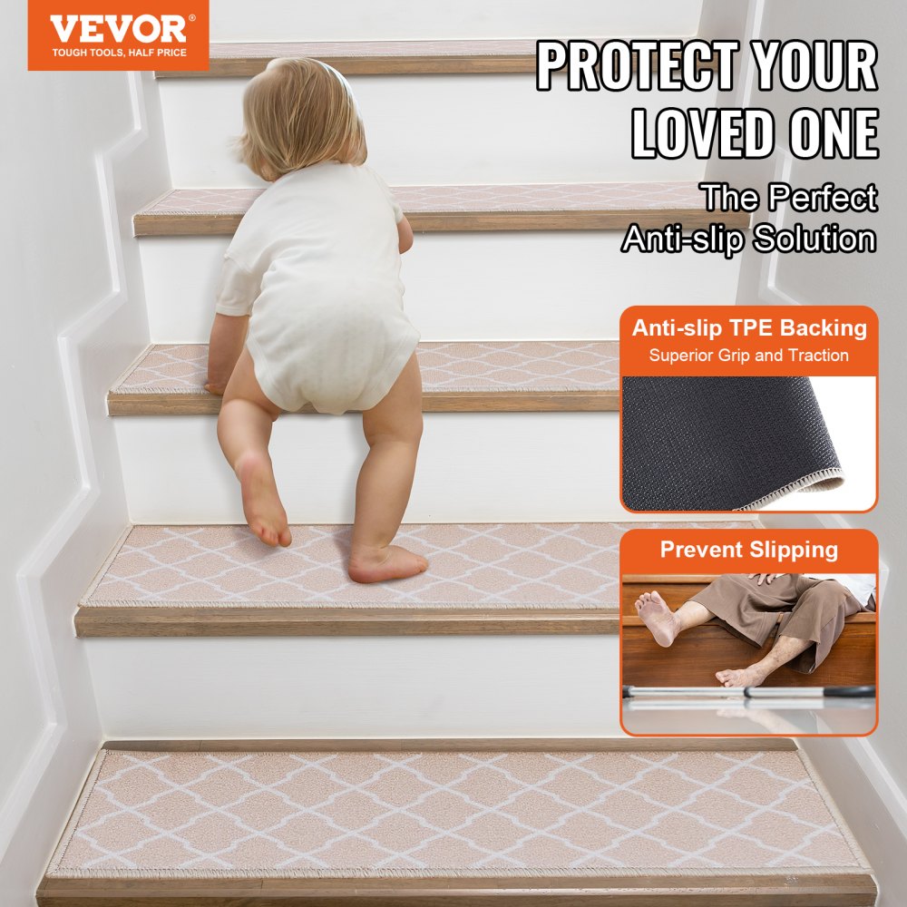 Light brown non-slip carpet stair treads measuring 28"x9" for wooden steps.