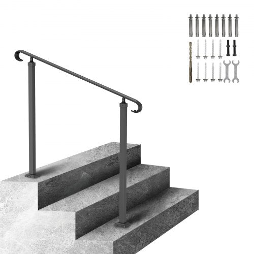 Black wrought iron adjustable handrail for 1-3 outdoor steps with installation hardware.