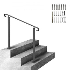 Black wrought iron adjustable handrail for 1-3 outdoor steps with installation hardware.