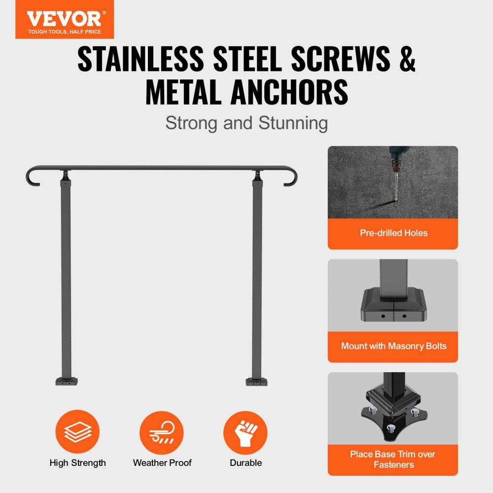 Black wrought iron adjustable handrail for 1-3 outdoor steps with telescoping posts and sturdy bases.