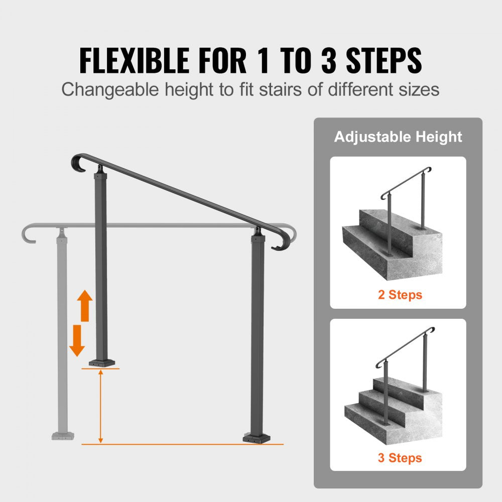 Black wrought iron adjustable handrail for 1-3 outdoor steps, showing height flexibility.