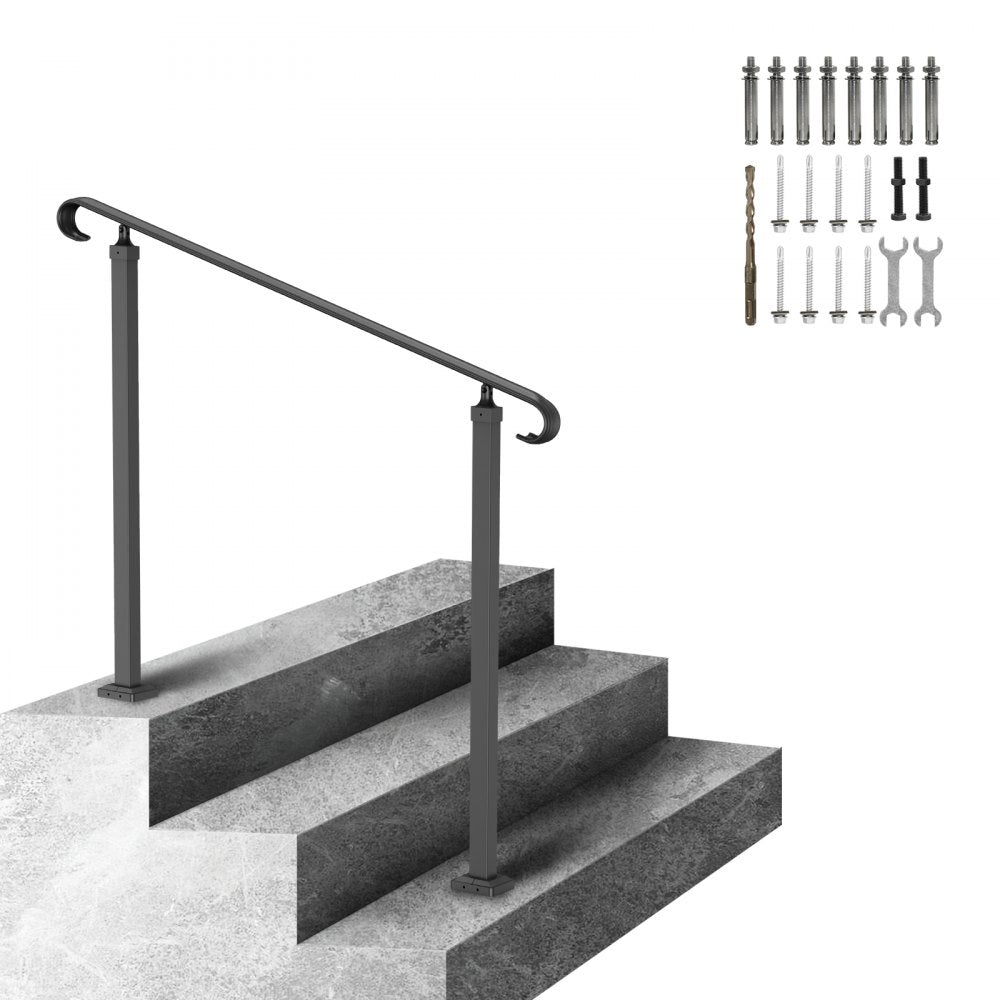 Black wrought iron handrail with adjustable posts on concrete steps, including mounting hardware.
