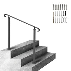 Black wrought iron handrail with adjustable posts on concrete steps, including mounting hardware.