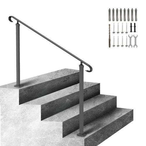 Black wrought iron handrail installed on 3-5 outdoor concrete steps, with included hardware.