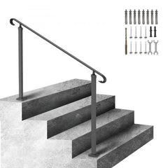 Black wrought iron handrail installed on 3-5 outdoor concrete steps, with included hardware.