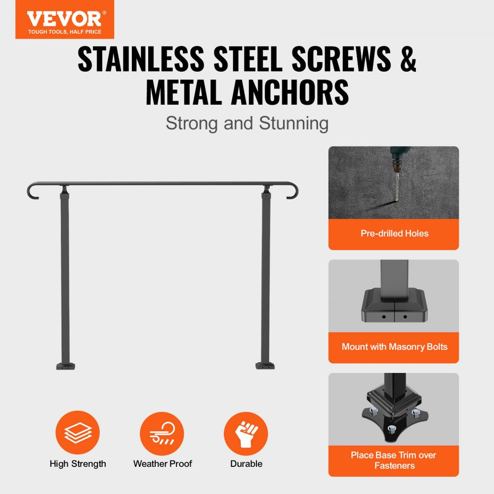 Black wrought iron handrail with adjustable telescoping posts for 3-5 outdoor steps.