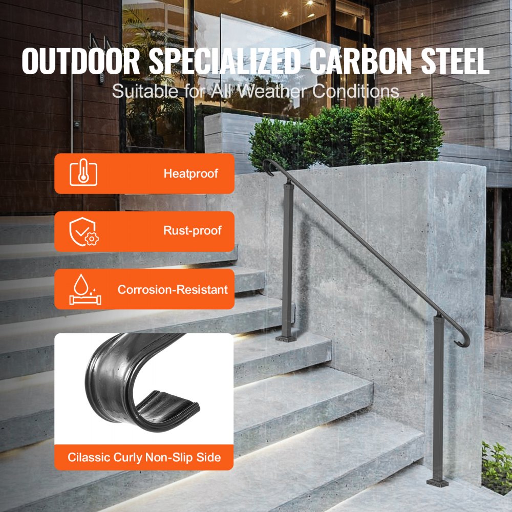 Black wrought iron handrail for 3-5 outdoor steps with curly non-slip side.