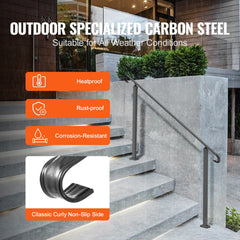Black wrought iron handrail for 3-5 outdoor steps with curly non-slip side.