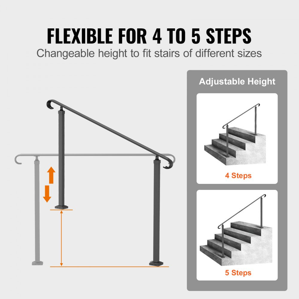 Black wrought iron handrail with adjustable height for 4 to 5 outdoor steps.