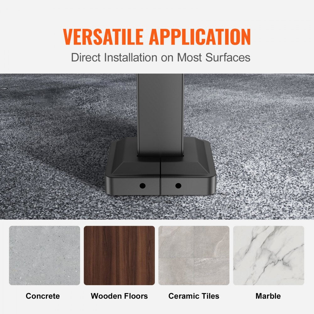Black wrought iron handrail base installed on concrete, wood, ceramic tile, and marble surfaces.