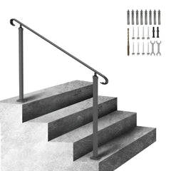 Black wrought iron handrail for 3-5 outdoor steps with installation hardware.