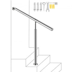 Stainless steel handrail with a polished finish, adjustable height, and sturdy wall and floor mounts.