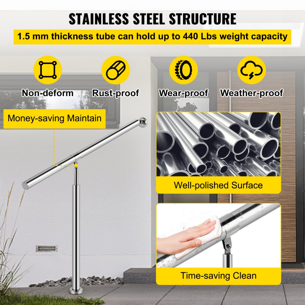 Stainless steel handrail with a polished finish, adjustable height, and sturdy wall and floor mount.