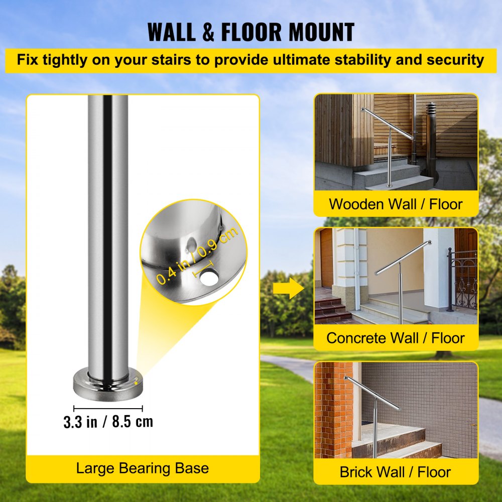 Stainless steel handrail with a polished finish, adjustable height, and sturdy wall and floor mounts.