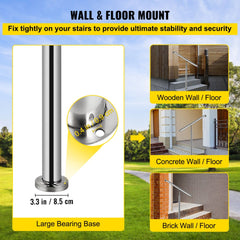 Stainless steel handrail with a polished finish, adjustable height, and sturdy wall and floor mounts.