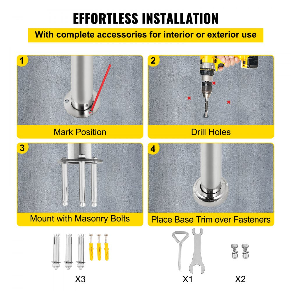 Stainless steel handrail with a polished finish, adjustable height, and sturdy wall and floor mounts.