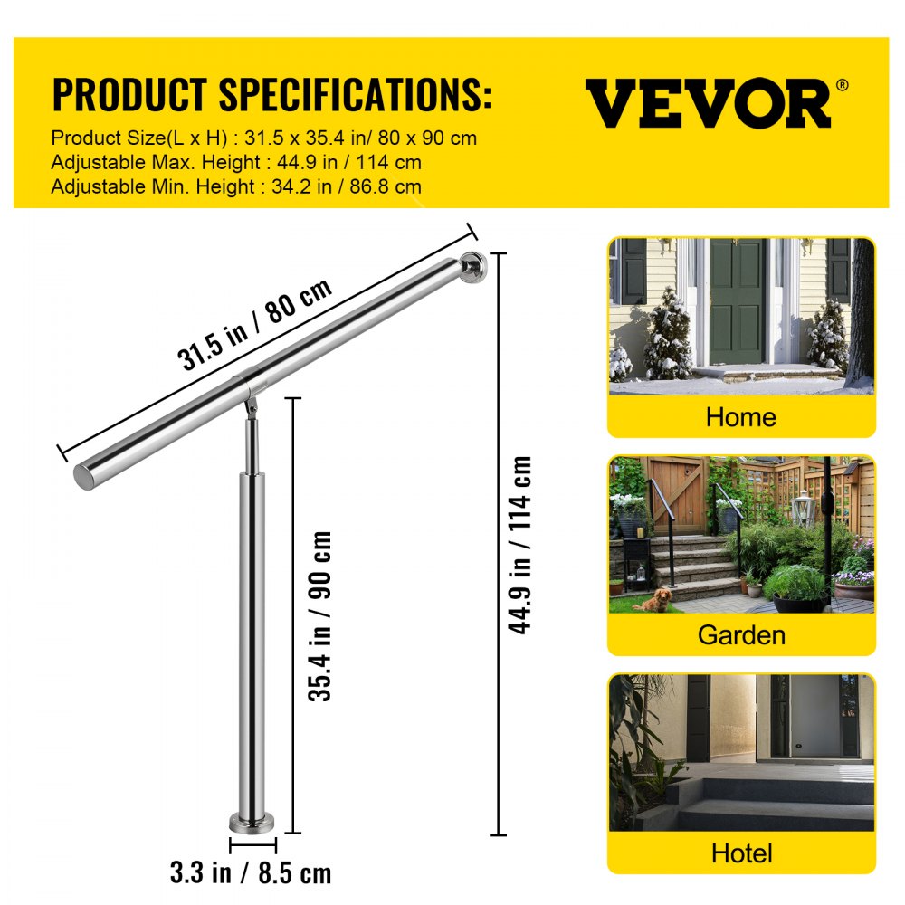 Stainless steel handrail with a polished finish, adjustable height, and sturdy wall and floor mounts.