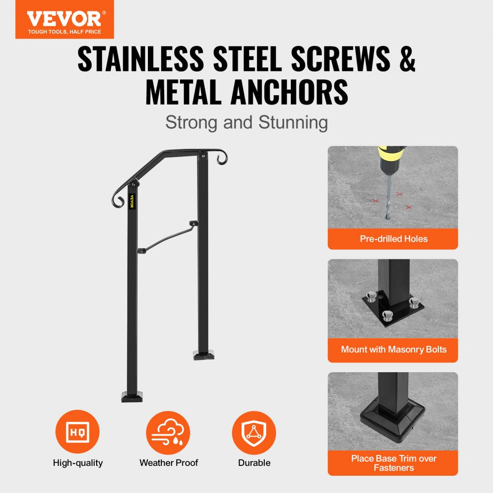 Black wrought iron handrail with arch design and adjustable posts for 1-2 outdoor steps.